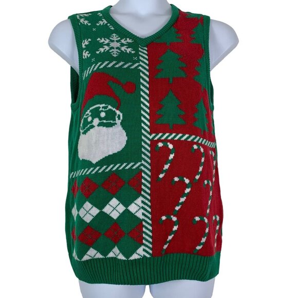 Ugly Christmas Sweater Size Medium Sweater Vest V Neck Green Red Santa Claus - Picture 1 of 5